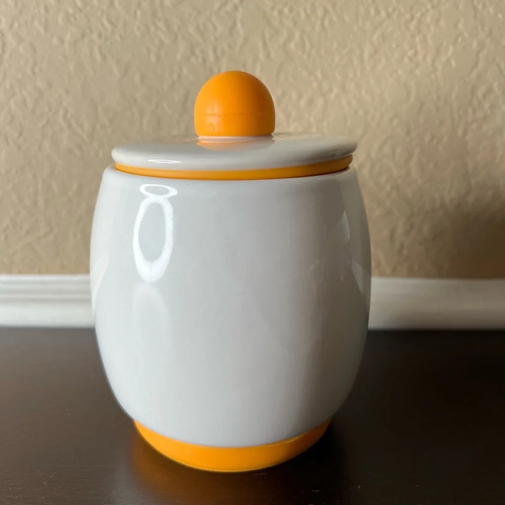 Vintage White Ceramic, Yellow/ Orange Sugar Bowl, Dish, Honey Jar, Pot, candy